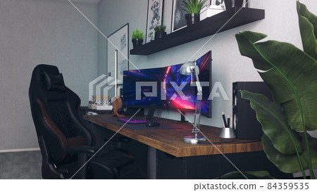 Games room with a cyber gamer computer. 3d rendering image of neon lighting Games room with a cyber gamer computer. 3d rendering image of neon lighting 84359535