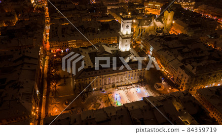 aerial view of night winter lviv city center aerial view of night winter lviv city center 84359719