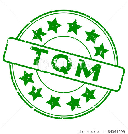 Grunge green TQM (Abbreviation of total quality management) word with star icon round rubber seal stamp on white background 84361699
