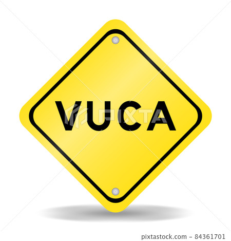 Yellow color transportation sign with word VUCA (abbreviation of Volatility, uncertainty, complexity and ambiguity) on white background 84361701
