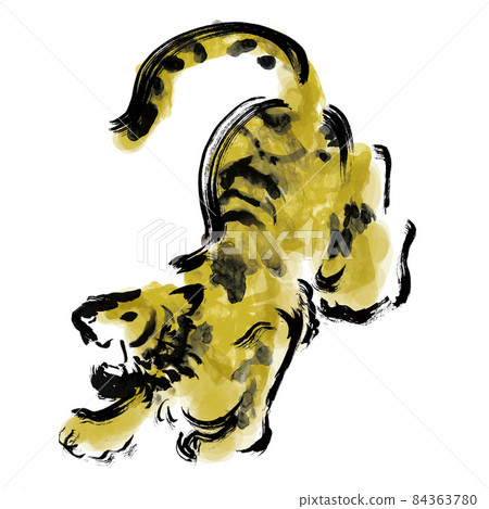 Hand-painted Japanese-style illustration of a tiger barking 84363780