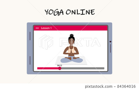 Yoga classes online without leaving home. A pretty African girl shows an asana on the tablet screen. Yoga training via the Internet. Vector illustration. Yoga classes online without leaving home. A pretty African girl shows an asana on the tablet screen. Yoga training via the Internet. Vector illustration. 84364016