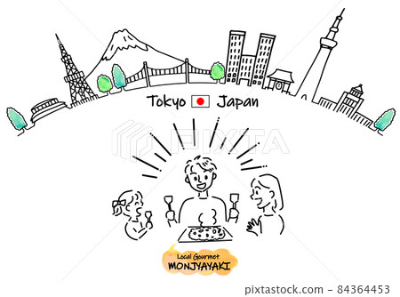 一家人在東京旅遊景點的街道上吃文字燒的簡單線條藝術 一家人在東京旅遊景點的街道上吃文字燒的簡單線條藝術 84364453