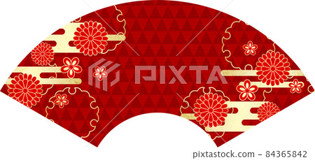 日本紙風日本花金葉雲鱗紋背景扇形紅色 84365842