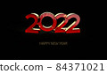 Happy New 2022 Year. Holiday illustration. 2022 golden Textured 3D numbers on black background. Gold numbers figures. Happy New Year 2022 sign. Design element for festive poster or banner design 84371021