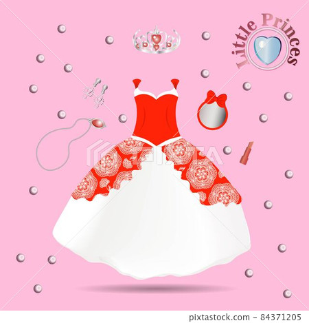 Vector fashion illustration. Beautiful wedding look. Elegant evening dress. Pattern of fashionable dress for little girls. Party clothes for babies. Baby suit. Princess. Tulle skirt Vector fashion illustration. Beautiful wedding look. Elegant evening dress. Pattern of fashionable dress for little girls. Party clothes for babies. Baby suit. Princess. Tulle skirt 84371205