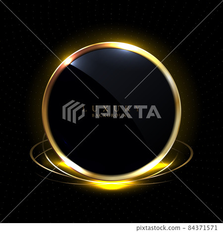 Abstract 3D black glossy circles golden ring round frame and lighting effect with gold particle on black background 84371571