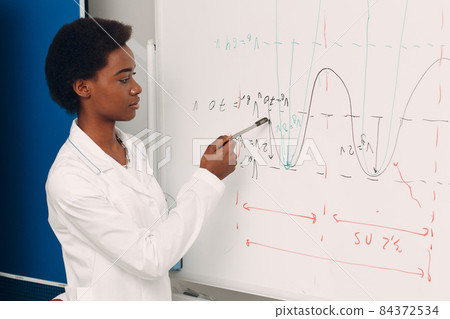 African American woman math teacher stands at blackboard with marker 84372534
