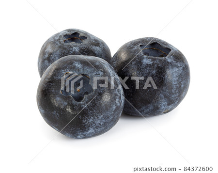 Three ripe blueberries isolated on white background. Three ripe blueberries isolated on white background. 84372600
