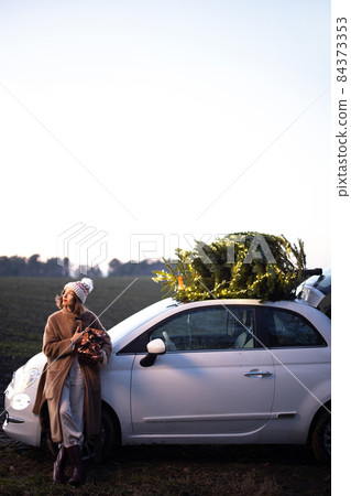 Woman and car with Christmas tree on a rooftop on nature 84373353