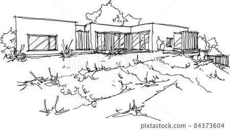 hand drawn architectural sketches of modern one story detached house with flat roof and people around hand drawn architectural sketches of modern one story detached house with flat roof and people around 84373604