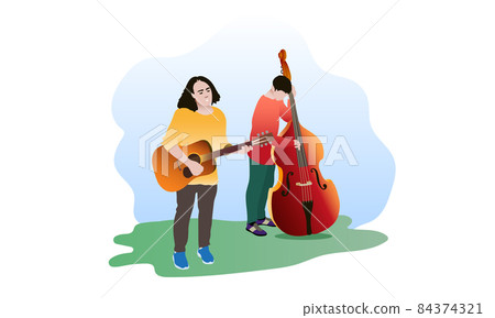 PrintTwo street musicians stand and play musical instruments. PrintTwo street musicians stand and play musical instruments. 84374321