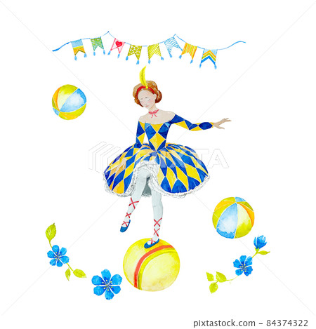 Watercolour harlequin girl on a ball in circus Watercolour harlequin girl on a ball in circus 84374322
