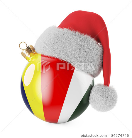 Christmas ball with Seychelloise flag and Santa Claus hat. Christmas and New Year in Seychelles, concept. 3D rendering Christmas ball with Seychelloise flag and Santa Claus hat. Christmas and New Year in Seychelles, concept. 3D rendering 84374746