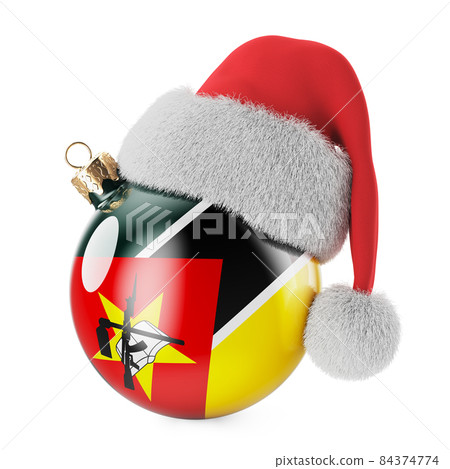 Christmas ball with Mozambican flag and Santa Claus hat. Christmas and New Year in Mozambique, concept. 3D rendering 84374774