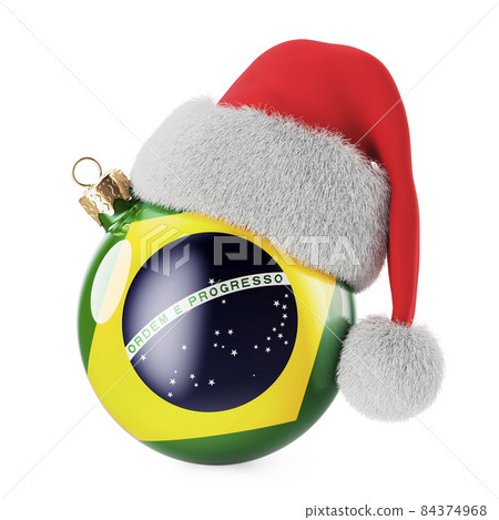 Christmas ball with Brazilian flag and Santa Claus hat. Christmas and New Year in Brazil, concept. 3D rendering Christmas ball with Brazilian flag and Santa Claus hat. Christmas and New Year in Brazil, concept. 3D rendering 84374968