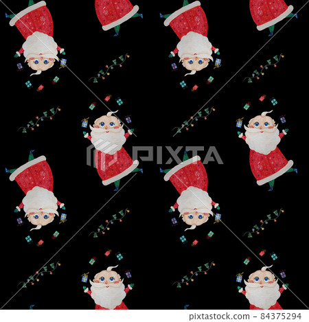 Seamless pattern with Cute Santa Claus with gifts on black background with Christmas garland. Watercolor. Hand drawing for kids collection, New Years decor, packaging, wallpaper and design. 84375294