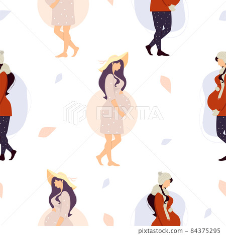 Seamless pattern with pregnant girl. Happy women in winter and summer clothes on white background. Vector illustration. Maternity and female health concept for packaging, wallpaper, decor. Seamless pattern with pregnant girl. Happy women in winter and summer clothes on white background. Vector illustration. Maternity and female health concept for packaging, wallpaper, decor. 84375295