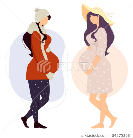 Happy pregnant girl in winter clothes and cute woman in summer clothes hugs her belly. Vector illustration. Concept of female health and motherhood, pregnancy at different times of year. 84375296