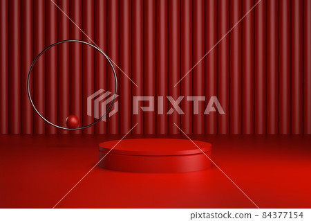 3d render red round product podium with steel ring with a red ball and cylinders in the background 3d render red round product podium with steel ring with a red ball and cylinders in the background 84377154