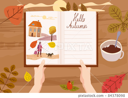Open Autumn Daily Diary notepad, list schedule, goals, to do, acorn, autumn leaves, coffe cup. Personal planning and organisation, organizer page. Vector illustration modern cartoon style Open Autumn Daily Diary notepad, list schedule, goals, to do, acorn, autumn leaves, coffe cup. Personal planning and organisation, organizer page. Vector illustration modern cartoon style 84378098