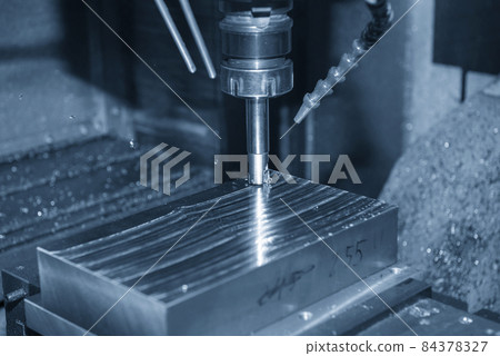The CNC milling machine rough cutting the injection mold parts by indexable  endmill tools. 84378327
