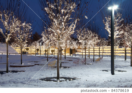 New Year and Christmas lighting decoration on the trees 84378619