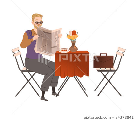 Man sitting at table in cafe and reading newspaper vector illustration Man sitting at table in cafe and reading newspaper vector illustration 84378841