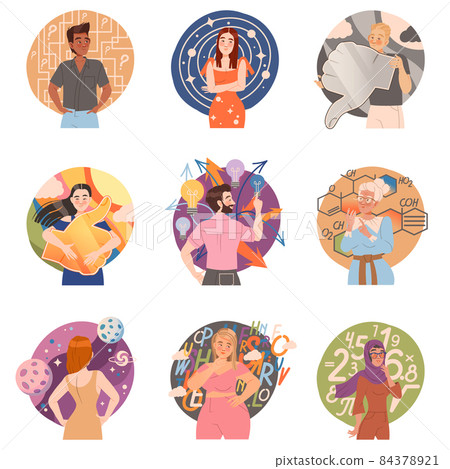 People with different types of thinking. Scientific, positive, negative, analytical, imaginative, humanitarian mental mindsets cartoon vector illustration 84378921