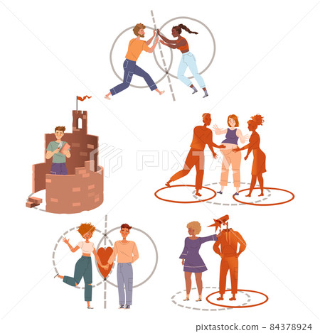 Personal boundaries set, People standing inside drawn lines. Self isolation, personal space vector illustration Personal boundaries set, People standing inside drawn lines. Self isolation, personal space vector illustration 84378924