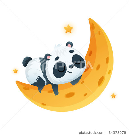 Cute Panda Character Sleeping on Crescent with Bright Star Around Vector Illustration Cute Panda Character Sleeping on Crescent with Bright Star Around Vector Illustration 84378976