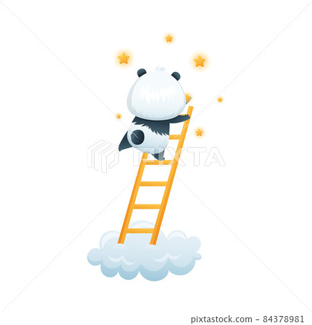 Cute Panda Character on Soft Cloud Climbing Ladder to Bright Star Vector Illustration 84378981