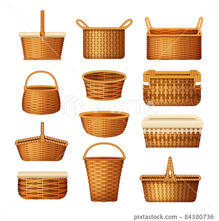 Realistic wicker basket set. Handcraft decorative basketry picnic containers. Empty wicker basket for Easter holiday, picnic, home decoration vector 84380736