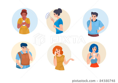 Group people with smartphones. Man woman elderly students chatting, making selfie, listening music, talking using smartphones. People mobile internet technology, social networking, social media Group people with smartphones. Man woman elderly students chatting, making selfie, listening music, talking using smartphones. People mobile internet technology, social networking, social media 84380748