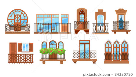 Vintage balcony with facade building. Balcony windows, house facade of wooden banister porch or metal forged fences. Home facade balconies with windows, doors, potted plants retro decor Vintage balcony with facade building. Balcony windows, house facade of wooden banister porch or metal forged fences. Home facade balconies with windows, doors, potted plants retro decor 84380750