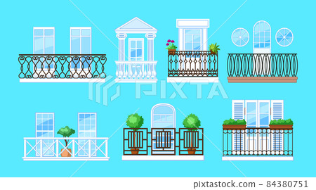 Vintage balcony with facade building. Balcony windows, house facade of wooden banister porch or metal forged fences. Home facade balconies with windows, doors, potted plants retro decor Vintage balcony with facade building. Balcony windows, house facade of wooden banister porch or metal forged fences. Home facade balconies with windows, doors, potted plants retro decor 84380751