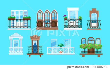 Vintage balcony with facade building. Balcony windows, house facade of wooden banister porch or metal forged fences. Home facade balconies with windows, doors, potted plants retro decor Vintage balcony with facade building. Balcony windows, house facade of wooden banister porch or metal forged fences. Home facade balconies with windows, doors, potted plants retro decor 84380752
