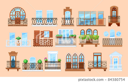 Vintage balcony with facade building. Balcony windows, house facade of wooden banister porch or metal forged fences. Home facade balconies with windows, doors, potted plants retro decor Vintage balcony with facade building. Balcony windows, house facade of wooden banister porch or metal forged fences. Home facade balconies with windows, doors, potted plants retro decor 84380754