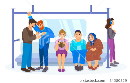 Subway underground metro train transportation with people. Passengers metro man woman elderly people sitting, standing inside in public transport. Passenger train with carriage interior 84380829