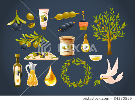 Organic olive products set. Black and green olives, glass bottle decanter of olive oil, tree branches, based cream, wreath, bird with a branch of olives. Healthy organic products 84380839