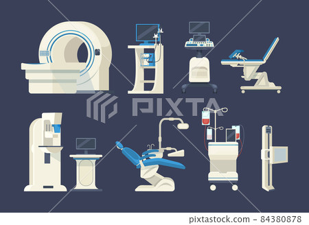 Hospital medical diagnostic equipment. Medical devices, health system, monitoring. Tomograph, scanner, x-ray, dentist chair, mammography, blood transfusion gynecology, fluorography, wheelchair 84380878
