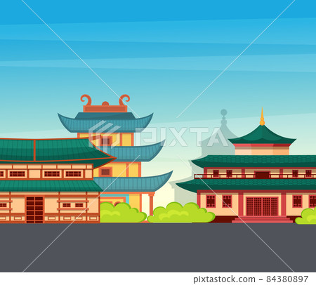 Traditional chinese, asian street with chinese buildings, pagoda, temple, house. China town city landmarks landscape, Japan building architecture. Happy Chinese New Year greeting card 84380897