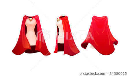 Realistic woman cape of cloak costume, women superhero. Superhero red cape, scarlet fabric silk cloak. Carnival costume, mockup festive clothing, front back behind view. Masquerade fancy dress Realistic woman cape of cloak costume, women superhero. Superhero red cape, scarlet fabric silk cloak. Carnival costume, mockup festive clothing, front back behind view. Masquerade fancy dress 84380915