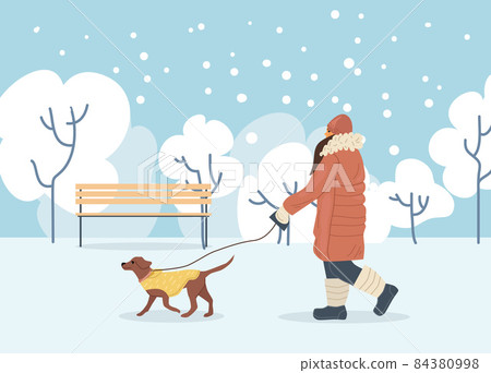 Active people in winter city park. Winter time. Girl walks with dog in winter city park. Outdoor winter activities and sport cartoon vector Active people in winter city park. Winter time. Girl walks with dog in winter city park. Outdoor winter activities and sport cartoon vector 84380998