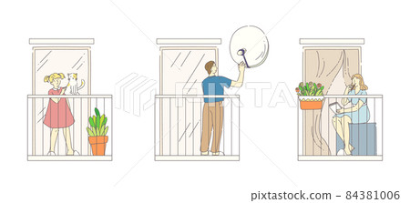 Stay home. Neighbors at balcony an apartment building in conditions of quarantine isolation. Man tune outdoor antenna, kid strokes cat, girl writes poetry. Neighborhood flat concept 84381006