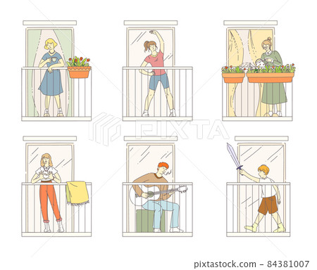 Stay home. Neighbors an apartment building in conditions of quarantine isolation, they go out the balcony, chat, play, play sports, drink coffee, send signs of love. Neighborhood flat Stay home. Neighbors an apartment building in conditions of quarantine isolation, they go out the balcony, chat, play, play sports, drink coffee, send signs of love. Neighborhood flat 84381007