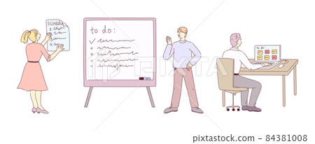 Team members plan and organize teamwork using to-do board and app. Scheduling and track all tasks and projects, planning weekly schedule tasks. Effective time management at work flat cartoon 84381008