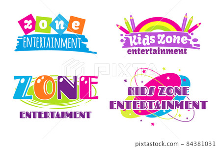 Kids zone entertainment set childish banner label sticker badge 84381031