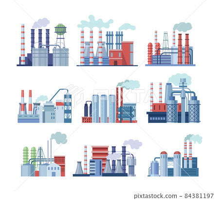 Industrial factory buildings set. Industrial buildings with pipes, power station, thermal nuclear power plants, different manufacturing plant, warehouse, factory with storage tanks for oil, gas 84381197