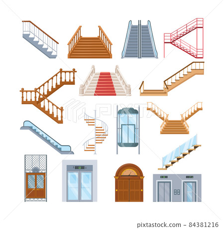 Wooden, metal staircase with handrails. Wooden staircases covered with red carpet, spiral staircase, store escalator, floor to floor ladder. House office interior with lift mechanisms cartoon 84381216
